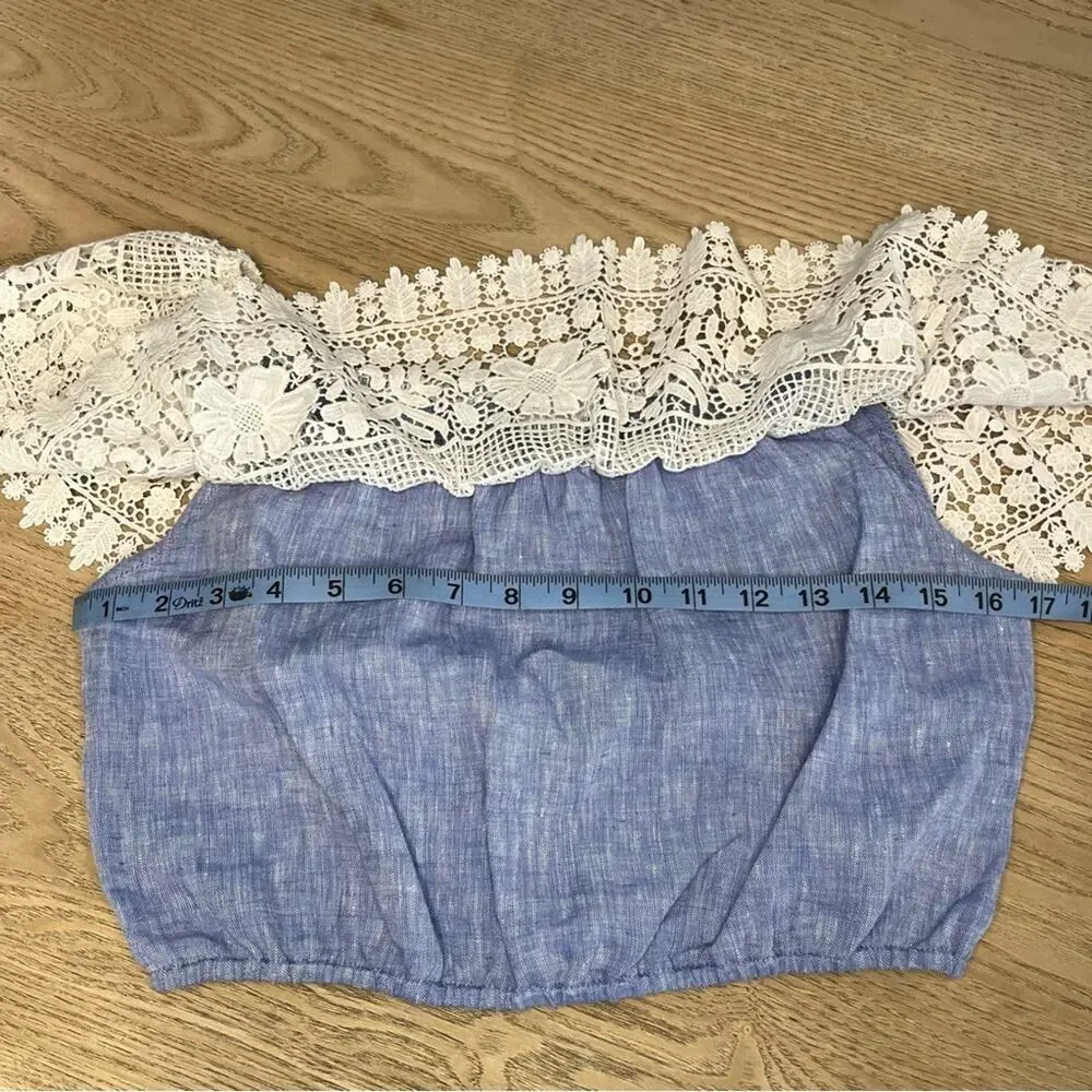 Miguelina Dakota Chambray Lace Crochet Off The Shoulder Crop Top Blue Size Small - Picture 8 of 8